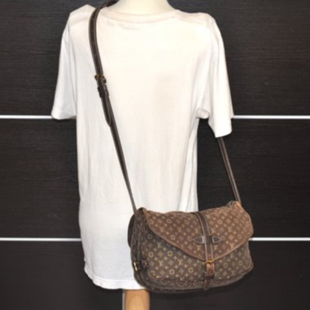 1 Day sale Auth Louis Vuitton Monogram Mini Lin Saumur 30 Shoulder Bag Brown